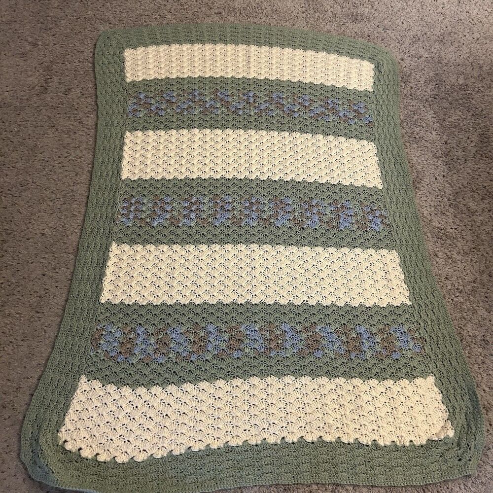 Handmade Crochet Afghan Lap/sofa Blanket 38 x 70” Green Cream Blue Brown